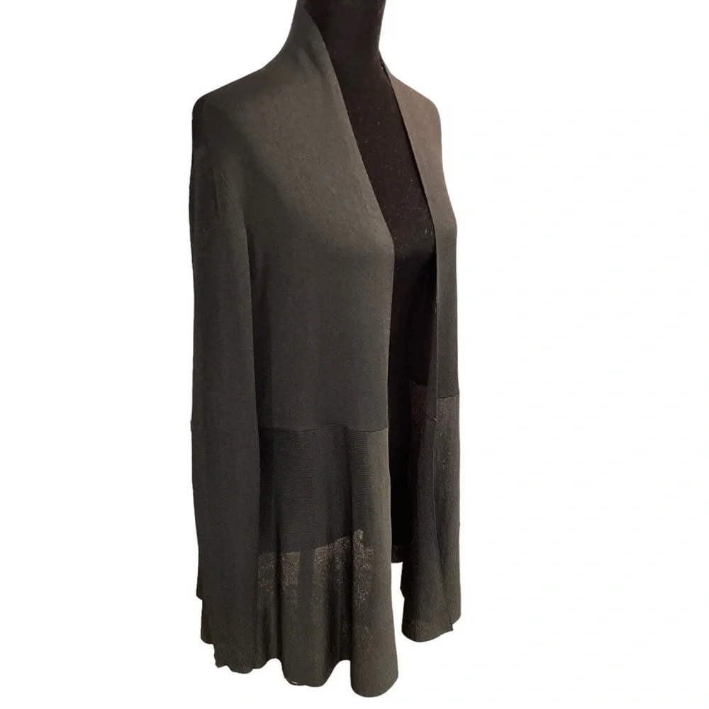 Eileen Fisher Black 80% Rayon Nylon Semi Sheer Layered Hem Open Cardigan Medium
